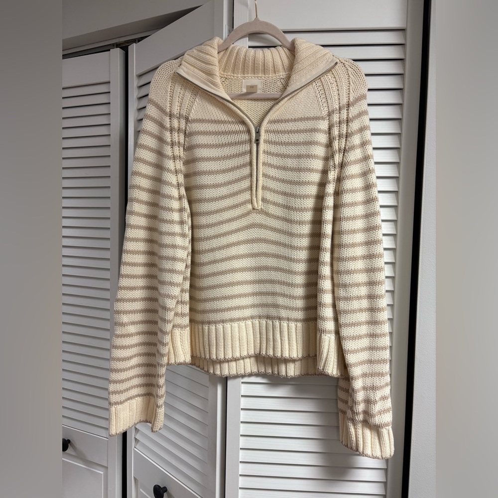 Cream Striped Quarter Zip Sweater